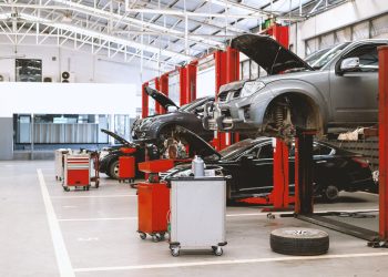 car repair station with soft-focus and over light in the background